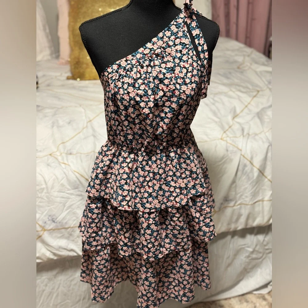 PrettyGarden One Shoulder Floral Ruffle Dress Tiered Mini Medium - Picture 2 of 5